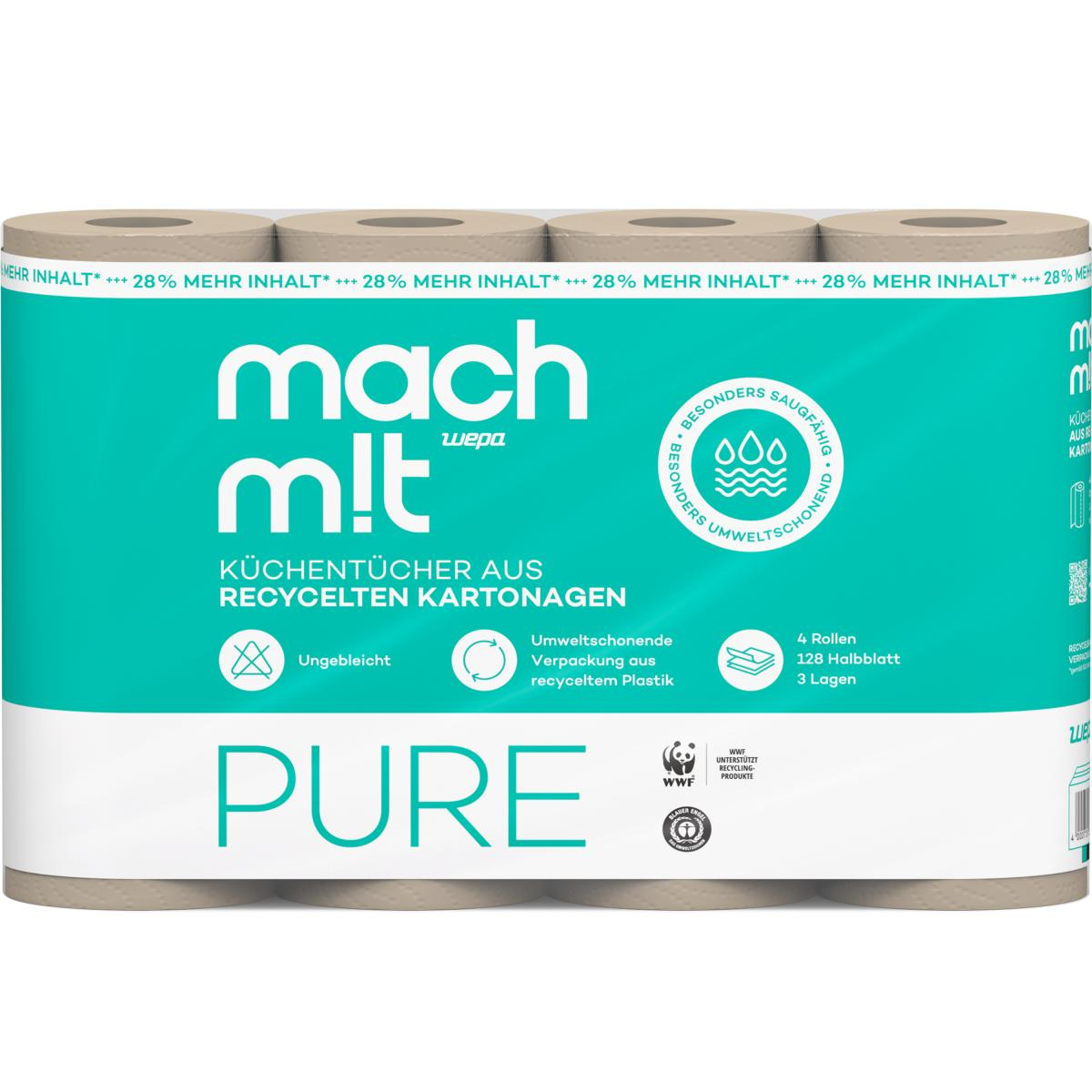 Küchentücher,mach mit PURE, 3-lagig, 4 Rollen, 128 Blatt