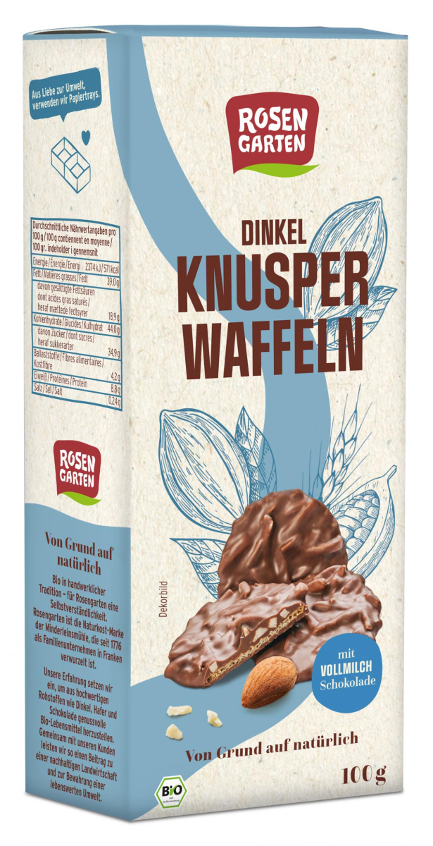 Dinkel Knusperwaffeln Vollmilch, Rosengarten 100 g