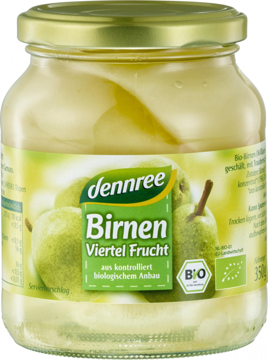 Birnen, Viertel Frucht, dennree 350 gr Glas