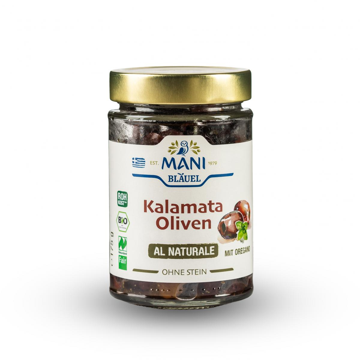Kalamata Oliven entkernt mit Oregano, Glas, Mani Bläuel